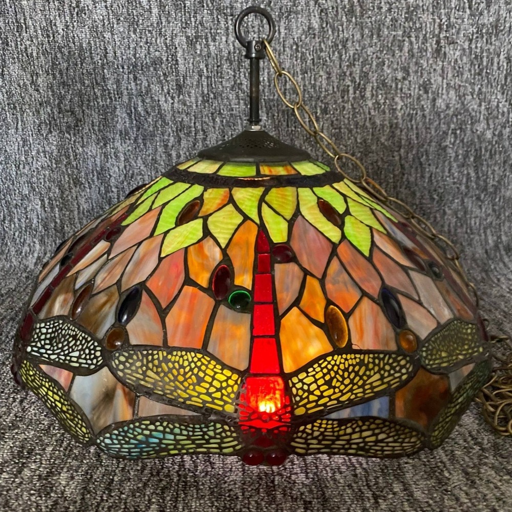 VTG Tiffany Style Dragonfly Stained Glass Pendant Light Lamp Shade 20 In Large